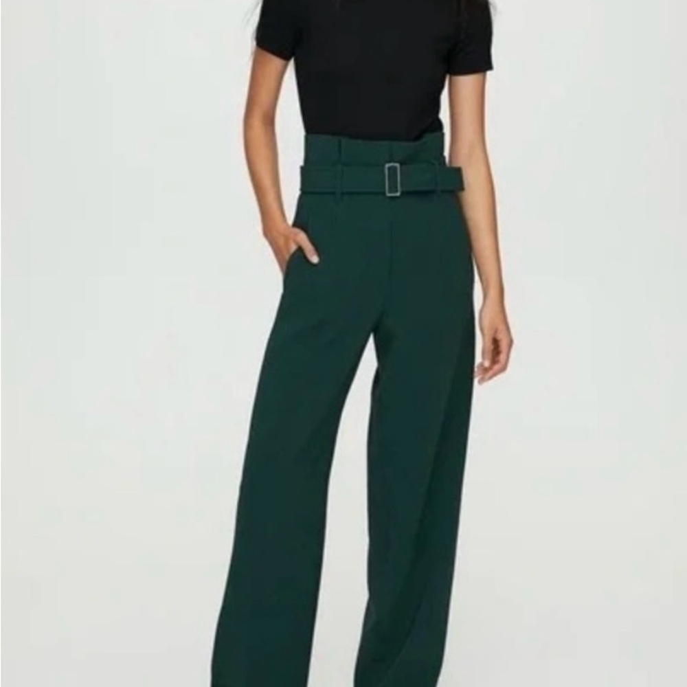 Babaton Dark Green High-Rise Wide-Leg Belted Trousers
